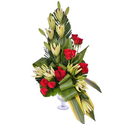 Send White Lilies N Red Roses In Glass Vase Arrangement Online Gal22