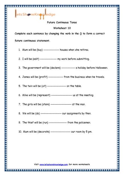 Grade 4 English Resources Printable Worksheets Topic Future Continuous Tenses Lets Share