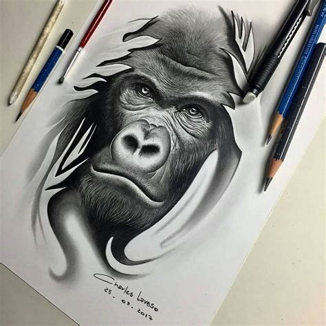 A Pencil Drawing Of A Gorilla S Face With Feathers On Its Head And Eyes