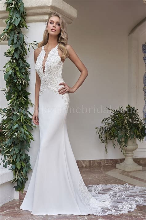 T202051 Halter Neckline Lace And Crepe Wedding Dress