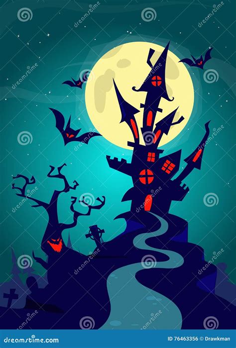 Haunted House On Night Background With A Full Moon Behind Vector