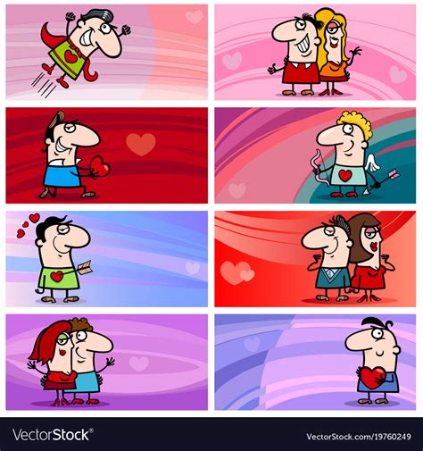 Valentine cartoon greeting cards set Royalty Free Vector