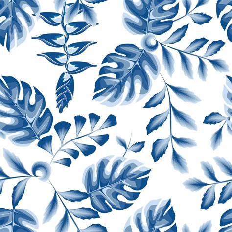 Foliage Seamless Tropical Pattern With Blue Monochromatic Style Plant Leaves And Heliconia