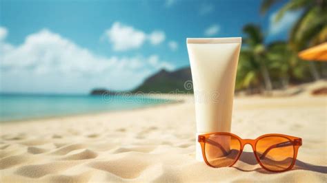 Sunscreen And Sunglasses On Summer Beach On The Sea Coast Cosmetic