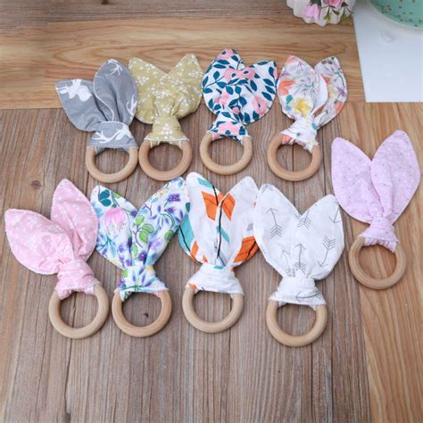 Baby Boy Bunny Ear Teether Safe Organic Wood Teething Ring Toys Various