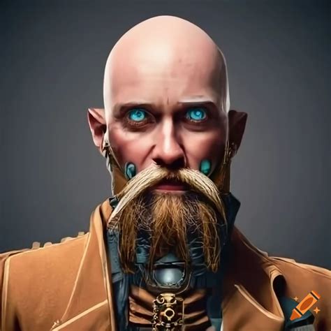 Futuristic man in steampunk attire with ginger beard and eye patch on ...