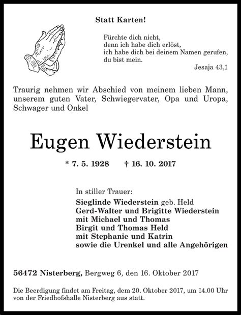 Traueranzeigen Von Eugen Wiederstein Rz Trauer De