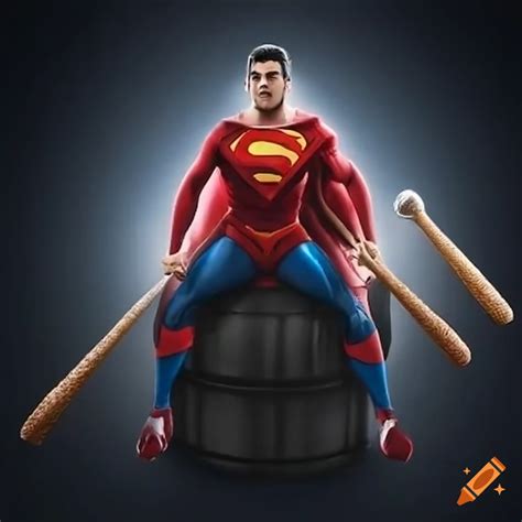 Superman sitting on a beer keg with a baseball bat on Craiyon