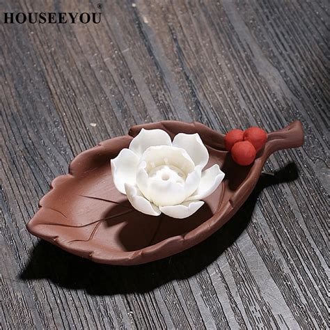 Houseeyou White Lotus Flower Stick Incense Burner Holder Purple Sand