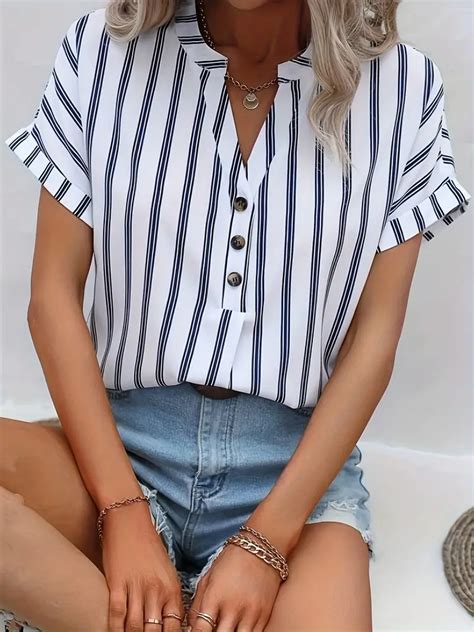 Striped V Neck Button Front Blouse Vintage Short Sleeve Top Temu Portugal