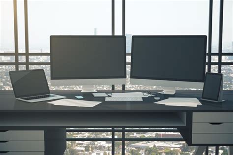 Premium Photo Coworking Designer Desktop With Two Computer Screen