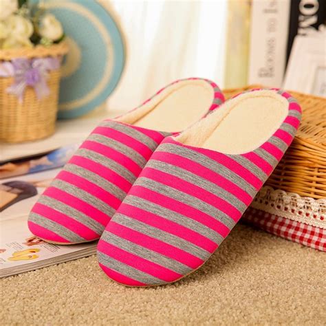 Striped Soft Bottom Home Slippers Cotton Warm Shoes Women Indoor Floor