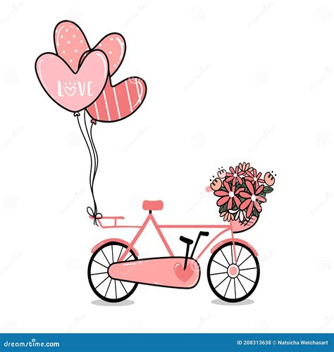 Pink Lady Bicycle With Flower Basket And Heart Balloons Stock Vector