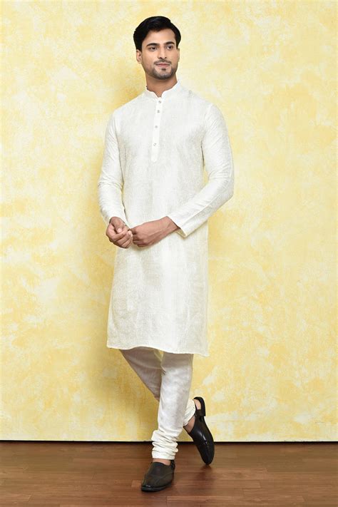 Buy Cream Art Silk Embroidery Thread Work Kurta Set For Men By Samyukta