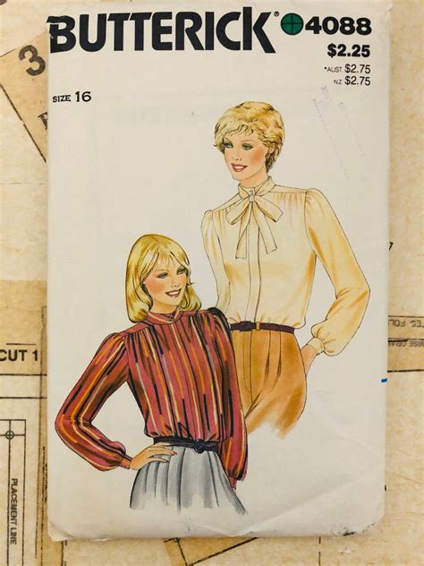 Butterick 4088 Vintage Sewing Pattern Womens Size 16 Misses Secretary Bow Blouse 80s 1980s Tie