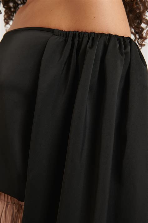 Off Shoulder Balloon Sleeve Satin Blouse Black Na