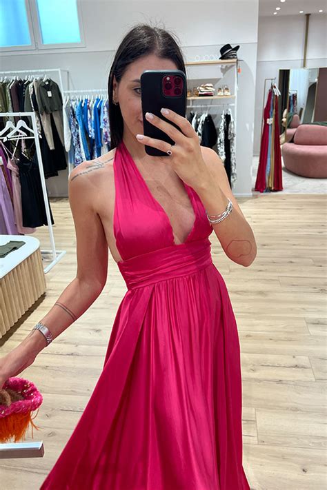 Vicolo Vestito Lungo Fragola Scollo Marilyn In Raso