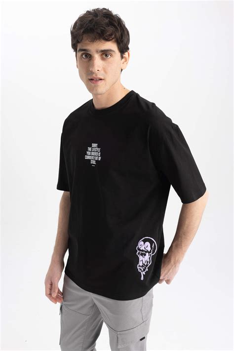 Black Men Oversize Fit Crew Neck Printed T Shirt Defacto