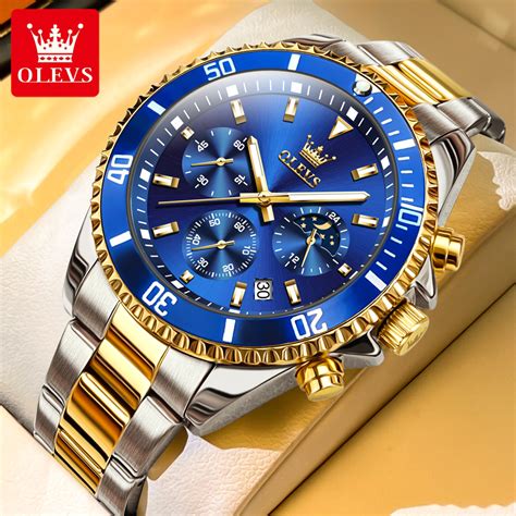 OLEVS Large Blue Face Men's Watch - Gold and Silver Stainless Steel ...