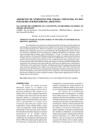 Absorcion De Nitrogeno Por Cebada Cervecera En Dos Suelos Del Sur