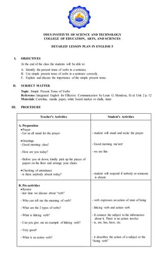 Detailed Lesson Plan For Simple Tense Of Verbs 5 Pdf