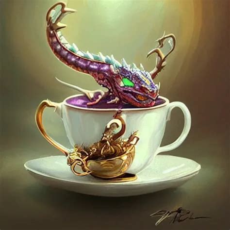 Tiny Jeweled Dragon Sitting In A Teacup Painting By Stable Diffusion