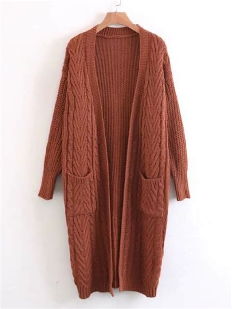 Open Front Cable Knit Longline Sweater Coat Shein Sheinside