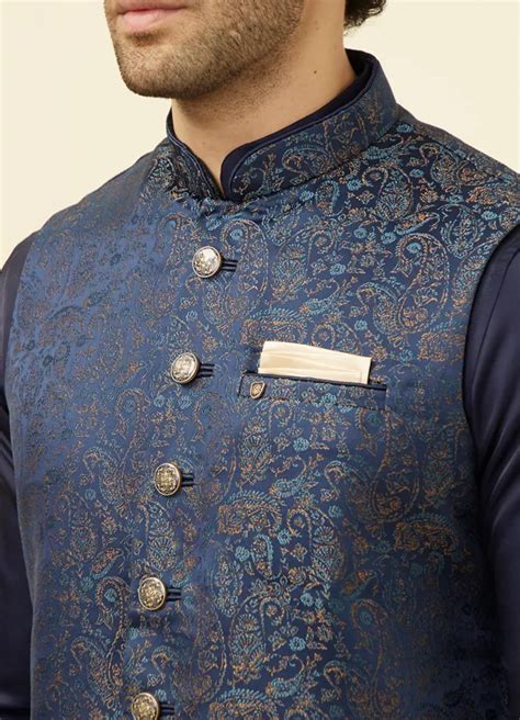 Buy Navy Blue Printed Jacket Online In India Manyavar Nehru Jacket