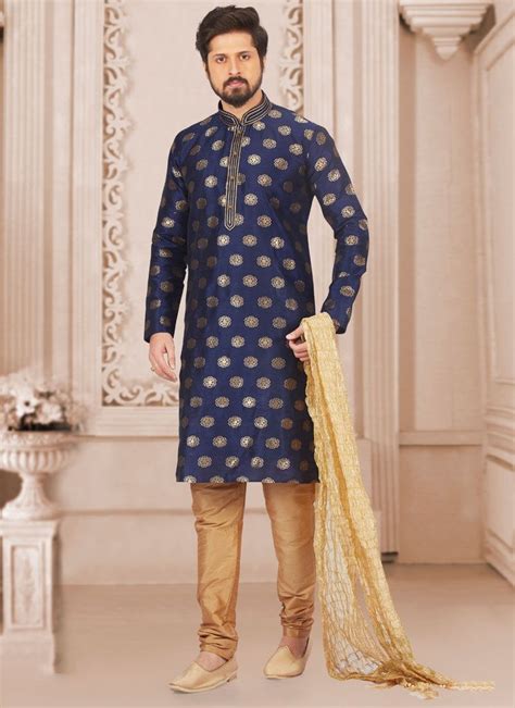 Dark Blue Color Jacquard Silk Brocade Mens Churidar Kurta Suit Saree Designs Dark Blue Color