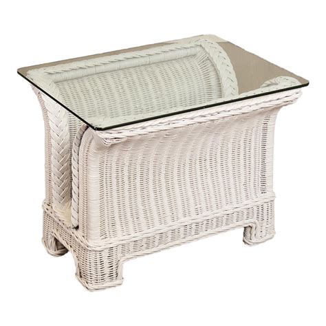 Vintage White Wicker Glass Top Side Table Attributed To Henry Link