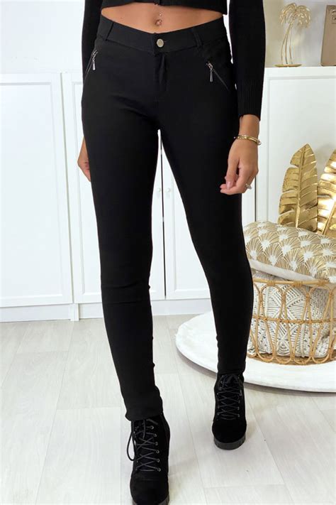 Pantalon Slim Noir En Strech Avec Zip Et Su Dine