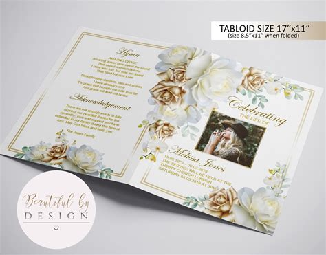 4 Page Gold and White Roses Funeral Program Template, Celebration of