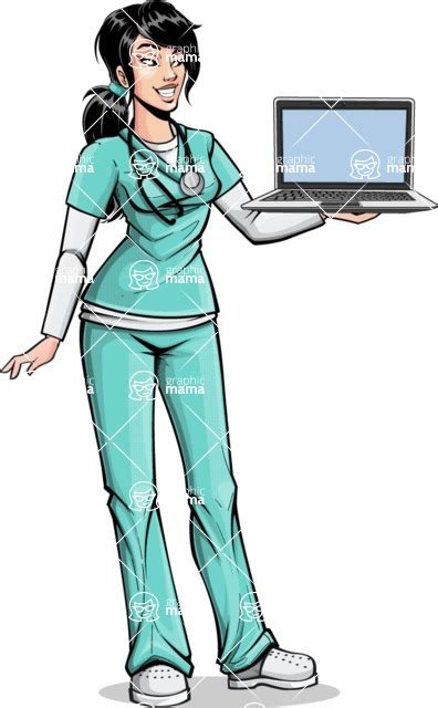 Pop Art Style Female Nurse Cartoon Character Presenting On Laptop