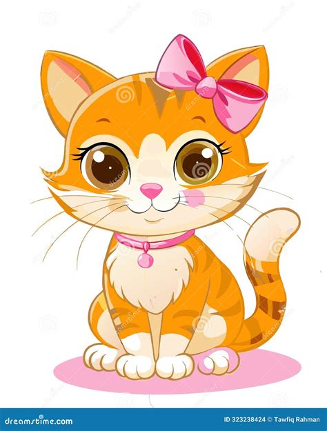 Vector Illustration Of Very Cute Cat With Pink Bow Stock Illustration