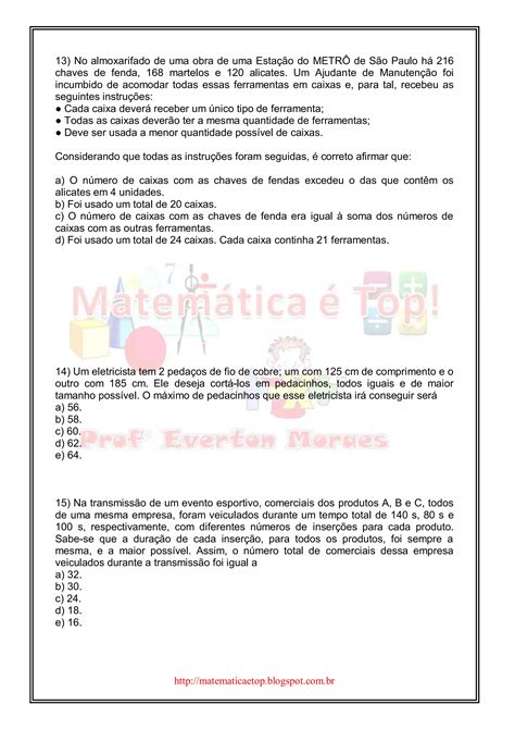 Lista de Exercícios Máximo Divisor Comum mdc PDF