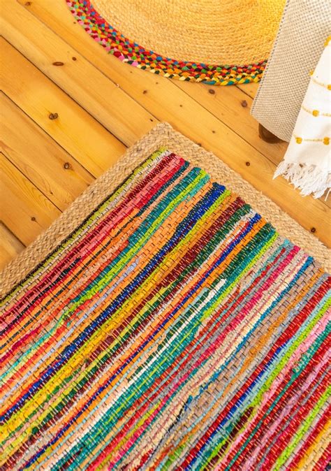 Avi Recycled Chindi Rug With Jute Border 120 X 180cm Eco Friendly