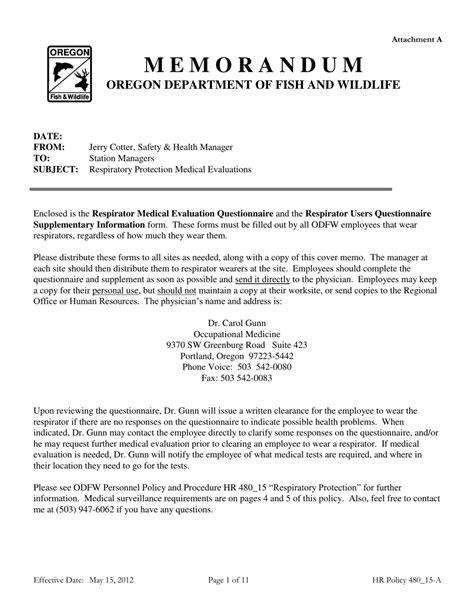 Oregon Odfw Osha Respirator Medical Evaluation Questionnaire Fill Out