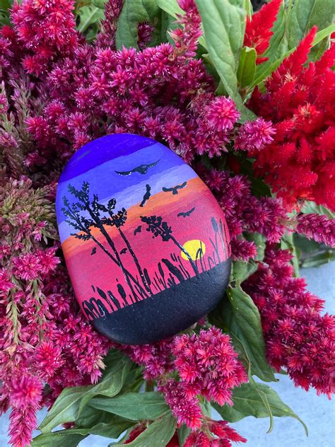 Hand Painted Rock Sunset Nature Theme Etsy