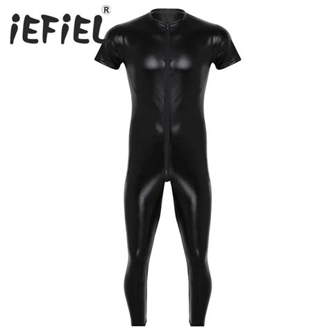 Iefiel Black Faux Leather Mens Lingerie Stretchy Short Sleeves Zipper