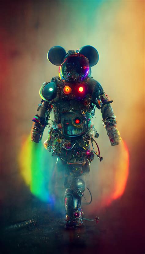 Mickey Mouse Cyborg Rainbow Horror Hyper Realistic Character Concept Cinematic Lighting 4k