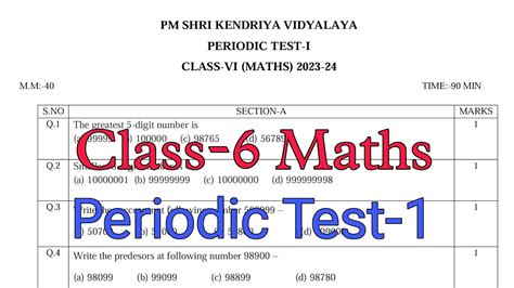 Class 6 Maths Periodic Test 1 KV Question Paper PT 1 Examination