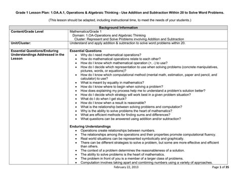 February 22 2013 Page 1 Of 35 Grade 1 Lesson Plan 1oaa1