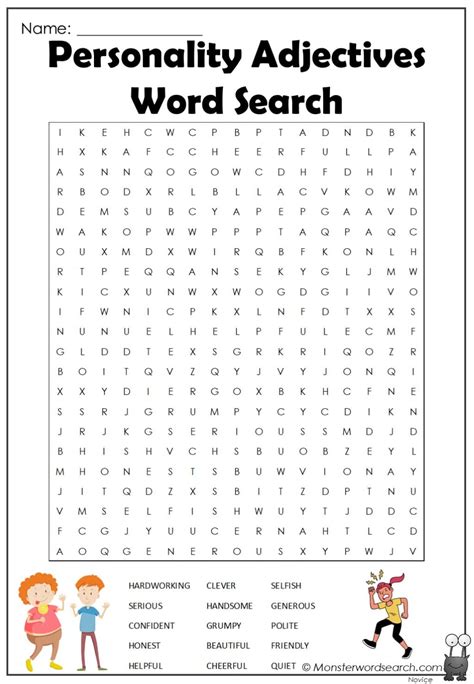 Personality Adjectives Word Search Monster Word Search