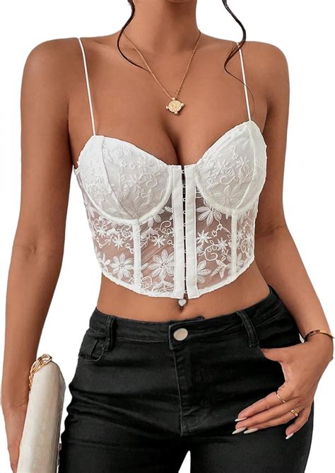 SHENHE Women S Sheer Floral Lace Mesh Spaghetti Strap Sexy Bustier Crop