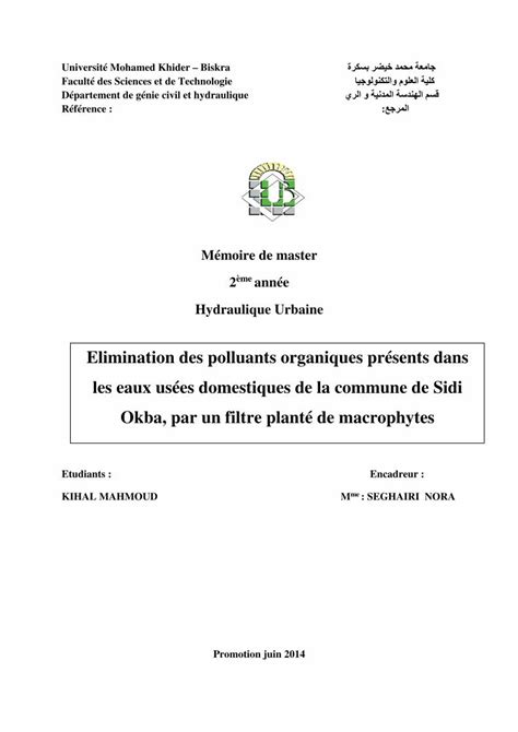 Pdf M Moire De Master Hydraulique Urbaine University Dspace Univ