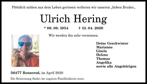 Traueranzeigen Von Ulrich Hering Rz Trauer De