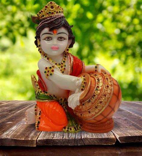 Buy Multicolour Marble Handpainted Lord Krishna Idol Makhan Chor By