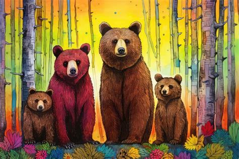 Premium Photo | Family Of Bears In Woods Painted With Crayons