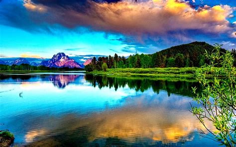 Lake Tranquility Colorful Shore Calmness Clear Sky Clouds Lake