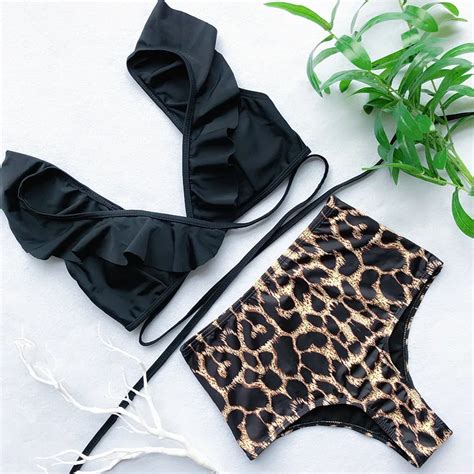 Sexy Cuello En V Traje De Las Mujeres De Leopardo Alta Cintura Bikini